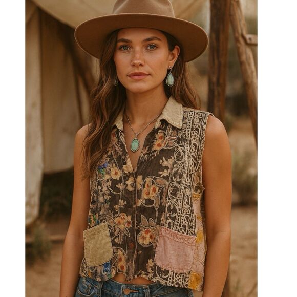Sacred Threads Tops - Sacred Threads M/L Button Up Patchwork Top Western Boho Artsy Hippie Eclectic